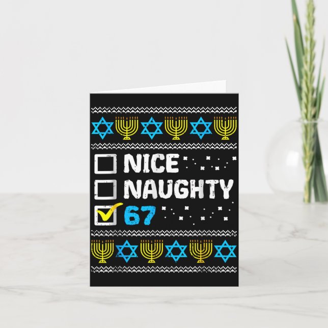 Tarjeta Nice Naughty 67 Six Seven Ugly Hanukkah Sweater Ch (Anverso)
