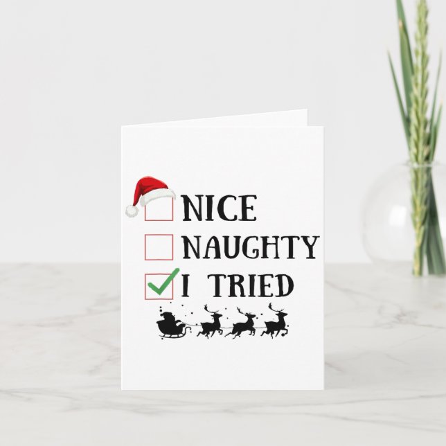 Tarjeta Nice Naughty I Tried Funny Christmas List  (Anverso)