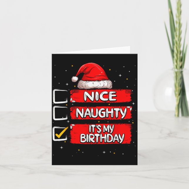 Tarjeta Nice Naughty It's My Birthday Christmas List Santa (Anverso)