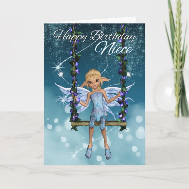 Tarjeta Niece Feliz cumpleaños lindo hada en el columpio d (Anverso)