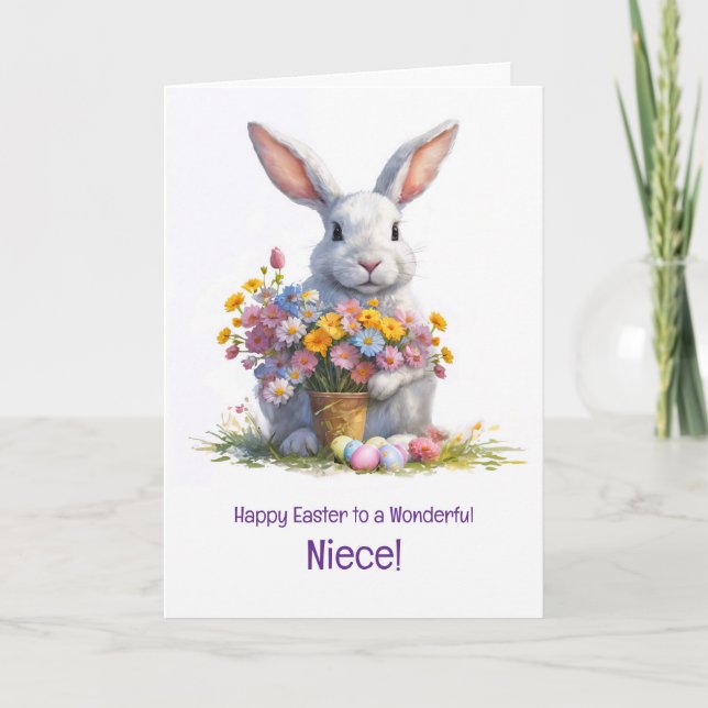 Tarjeta Niece Happy Easter with Cute Bnny and Flowers (Anverso)