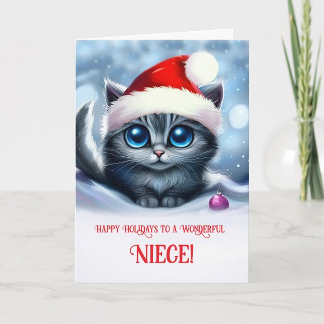 Tarjeta Niece Happy Holidays Cute Kitten Navidades (Anverso)