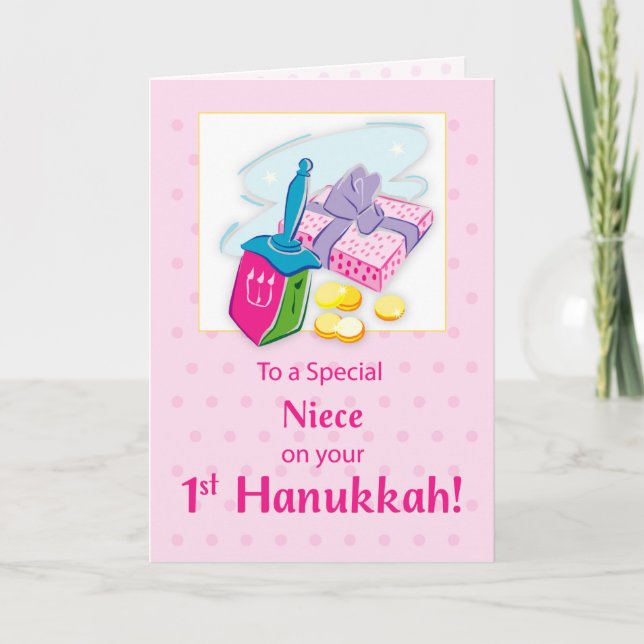 Tarjeta Niece primer Hanukkah azul con Dreidel y regalos (Anverso)