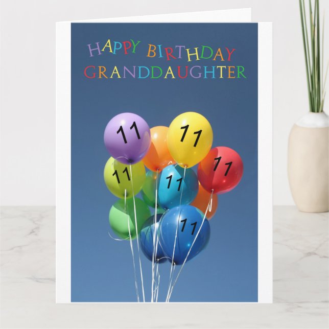 Tarjeta Nieta 11.ª feliz cumpleaños en globo (Anverso)