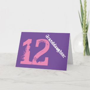 Tarjeta Nieta, 12mo cumpleaños, blanco, rosa, púrpura