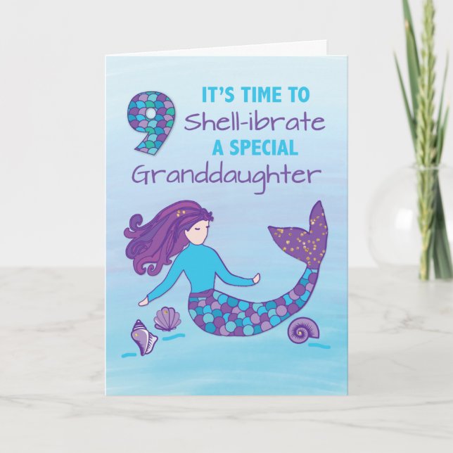 Tarjeta Nieta 9° cumpleaños Sparkly Look Mermaid (Anverso)