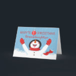 Tarjeta Nieta Babilonia Primer Snowman de Navidad<br><div class="desc">Un muñeco de nieve encantado se está levantando,  disfrutando mucho de los copos de nieve cayendo y aterrizando en su lengua. Empolvado de rojo,  ¡este muñeco de nieve está listo para cualquier cosa! ¡Tu nieta está celebrando su primera Navidad y esta tarjeta celebra esa alegría!</div>