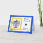 Tarjeta Nieta Chanukah Menorah contemporánea<br><div class="desc">Feliz Nieta más valiente de Chanukah,  menorah contemporánea con velas azules,  tarjeta de saludo de papel. Ilustracion digital con menorah iluminada y Estrella de David. Arte,  imagen y verso copyright © Shoaff Ballanger Studios,  2024.</div>