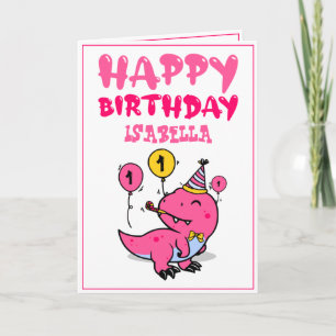 Tarjeta Nieta Cute Pink T-Rex Dino Primer cumpleaños