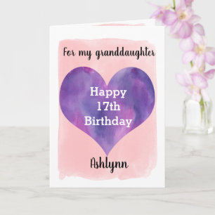 Tarjeta Nieta de corazón rosa y morado 17° cumpleaños
