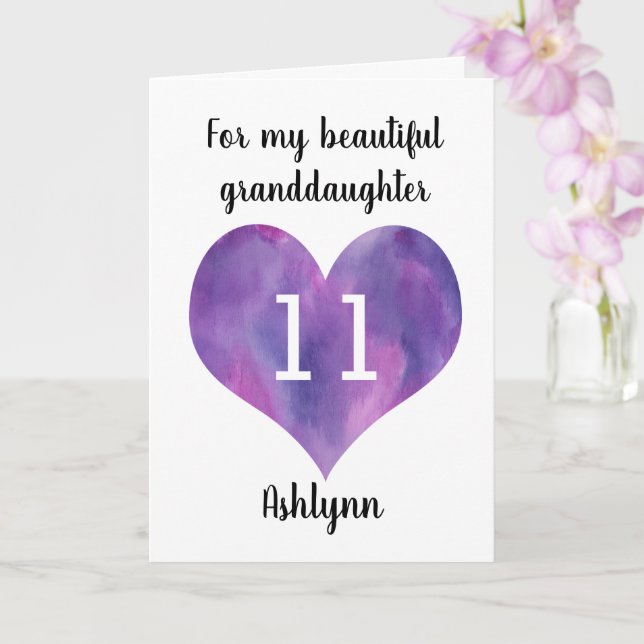 Tarjeta Nieta de cumpleaños 11 feliz de corazón morado (Orquídea)