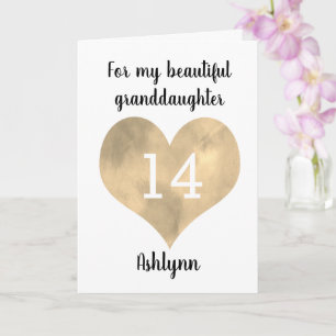 Tarjeta Nieta de cumpleaños 14 feliz de corazón de oro
