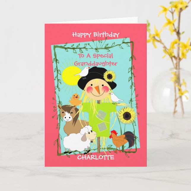 Tarjeta Nieta Feliz cumpleaños, animales de granja (flor amarilla)