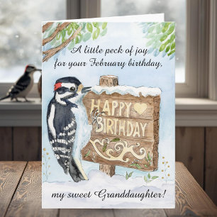 Tarjeta Nieta Feliz cumpleaños de febrero Pájaro carpinter