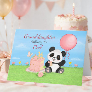 Tarjeta Nieta Feliz Medio Cumpleaños Panda con Tarta
