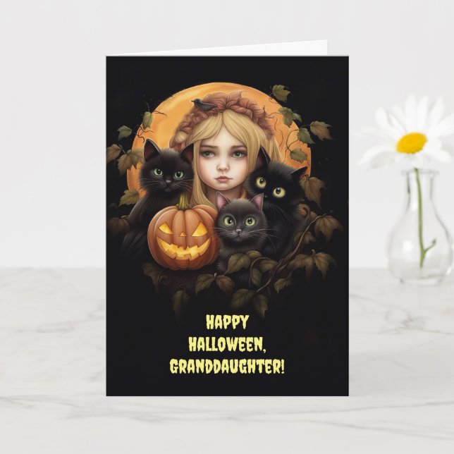 Tarjeta Nieta feliz Personalizado de Halloween con gato (Planta pequeña)
