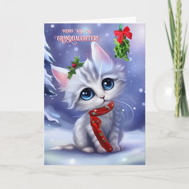 Tarjeta Nieta Navidades Holiday Cute Cat Mistletoe (Anverso)
