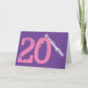 Tarjeta Nieta, vigésimo cumpleaños, blanco, rosa, púrpura