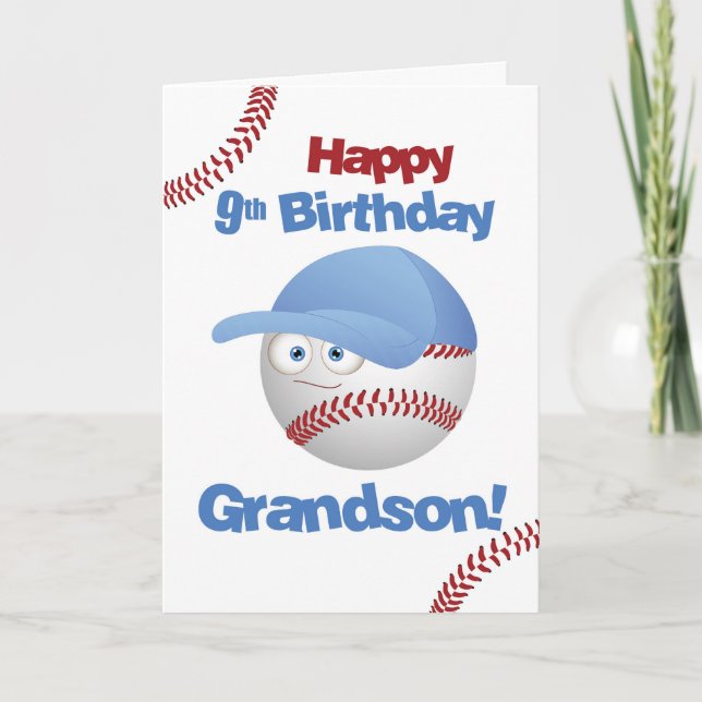 Tarjeta Nieto 9.º cumpleaños Cara divertida de béisbol (Anverso)