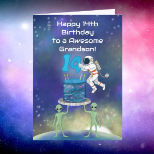 Tarjeta Nieto Feliz Cumpleaños 14 Astronauta con Estilo 