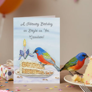 Tarjeta Nieto Feliz cumpleaños de febrero, colorido pinzón