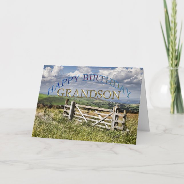 Tarjeta Nieto feliz cumpleaños, paisaje con puerta (Anverso)