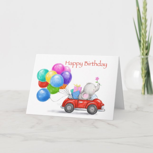 Tarjeta Nieto feliz de cumpleaños, elefante conduciendo au (Anverso)