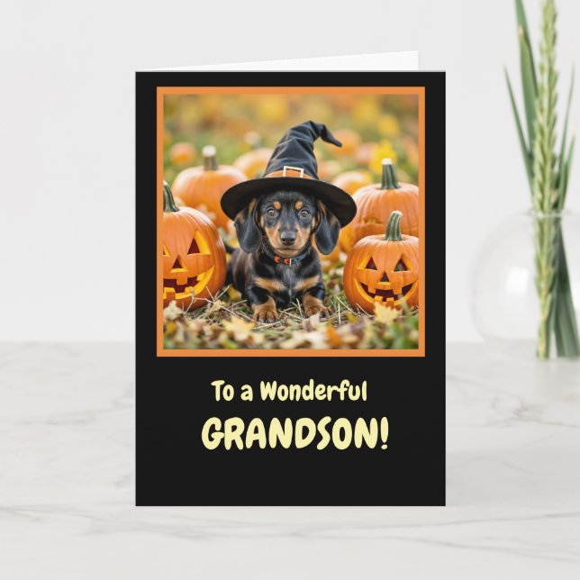 Tarjeta Nieto feliz Halloween con un lindo Dachshund (Anverso)