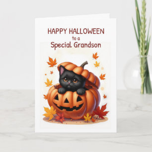 Tarjeta Nieto Halloween lindo gato negro en calabaza