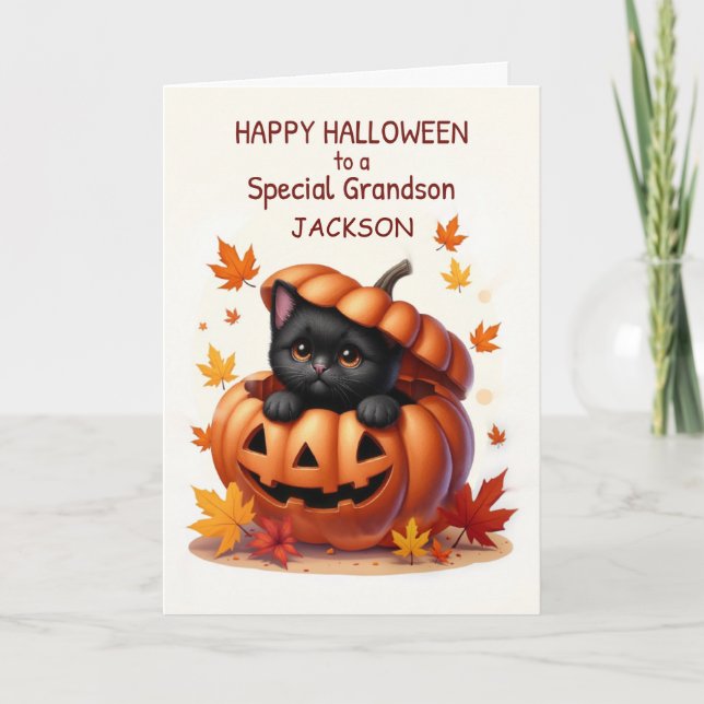 Tarjeta Nieto Nombre Personalizado Halloween Gato Negro Bo (Anverso)