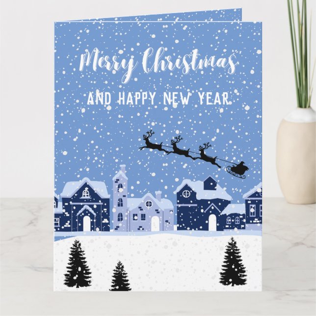 Tarjeta Nieve azul con santa y renos  (Anverso)