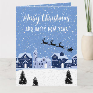 Tarjeta Nieve azul con santa y renos