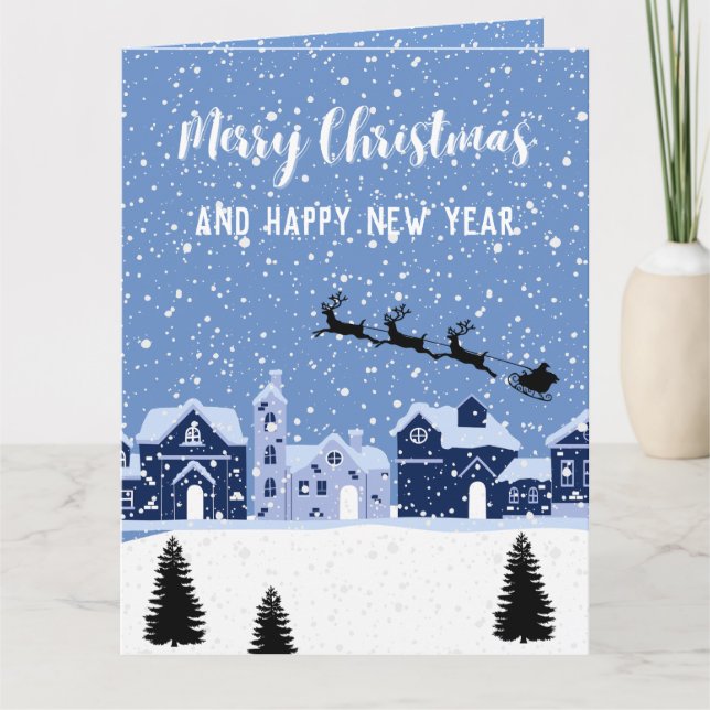 Tarjeta Nieve azul con santa y renos   (Anverso)