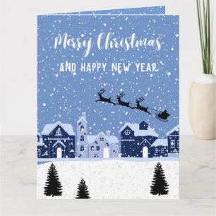 Tarjeta Nieve azul con santa y renos