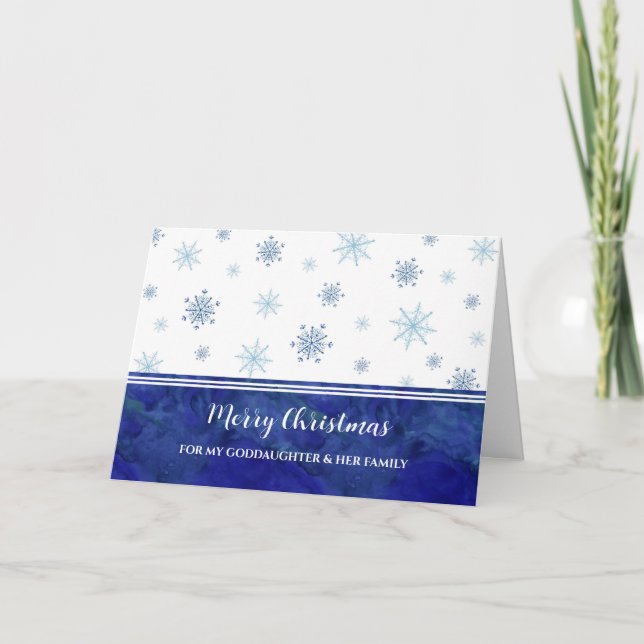 Tarjeta Nieve azul, hija y familia Feliz Navidad (Anverso)