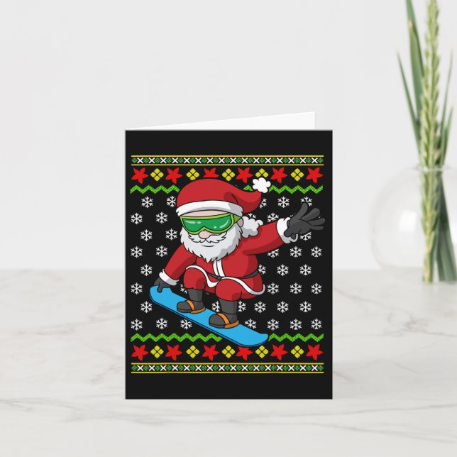 Tarjeta Nieve de Navidades feos sobre Snowboard en Santa S (Anverso)