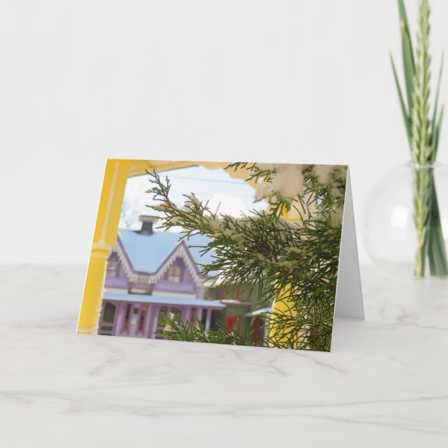 Tarjeta Nieve, evergreen y cabañas - Viñetería de Martha (Anverso)