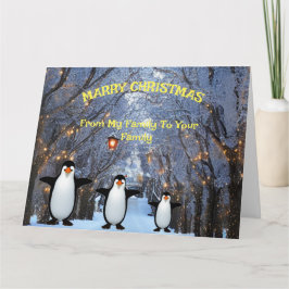 Tarjeta Nieve y árboles de invierno y familia de pingüinos