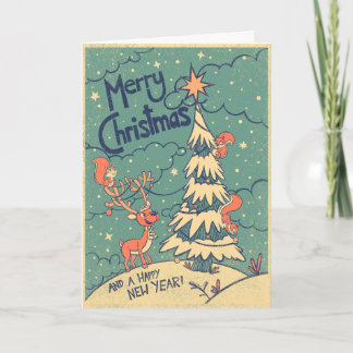 Tarjeta Nieve y Estrellas - Navidad estilo Retro