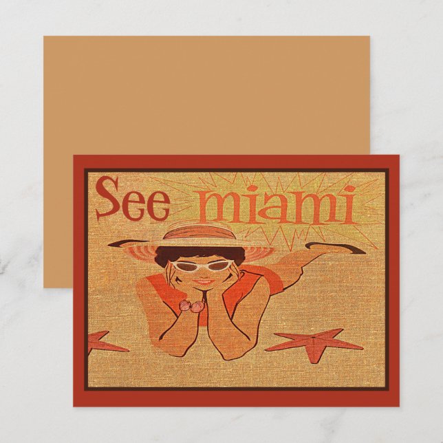 Tarjeta Nifty 50s See Miami Bonito Sunbathing Lady Travel (Anverso / Reverso)
