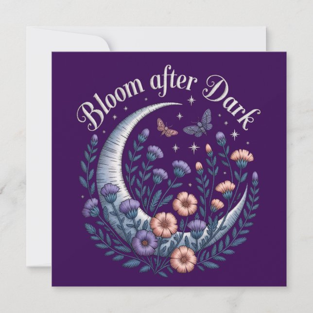 Tarjeta Night Garden Faux Embroidered Moon with Moths (Anverso)