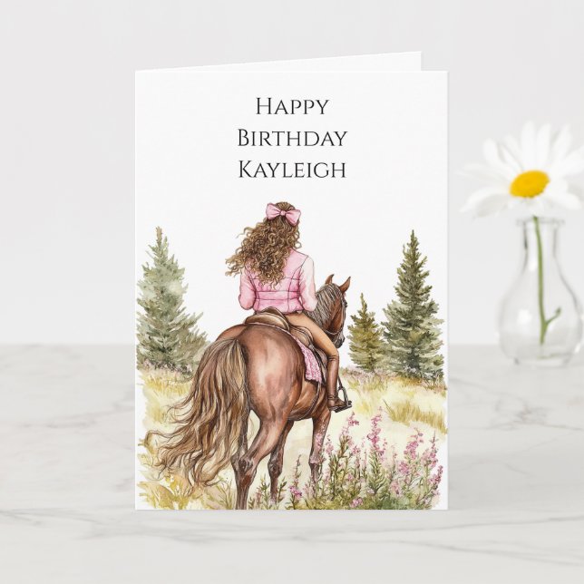 Tarjeta Niña a Caballo Árboles Flores Cumpleaños (Planta pequeña)