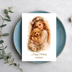 Tarjeta Niña abrazando cachorro de caniche