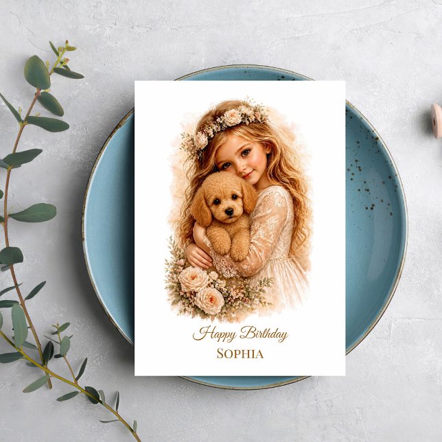 Tarjeta Niña abrazando cachorro de caniche (Subido por el creador)