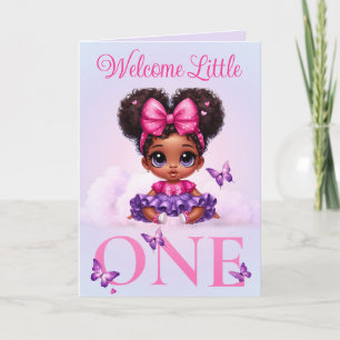 Tarjeta Niña Afro Dulce Mariposa Pastel Bienvenida