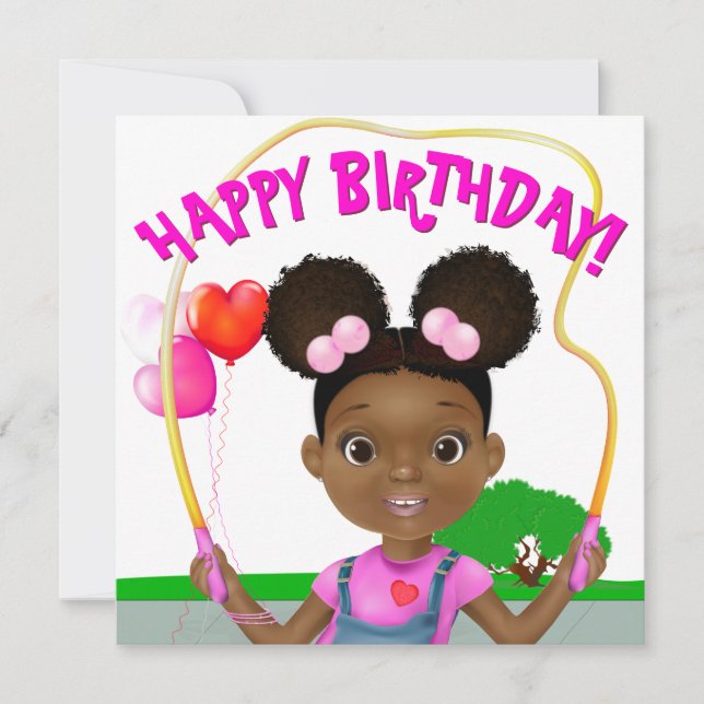 Tarjeta Niña Afroamericana Salta Cuerda Cumpleaños (Anverso)