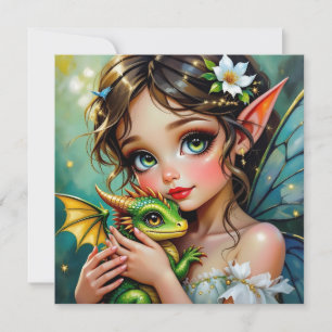 Tarjeta Niña bonita con tema de hada y dragón  