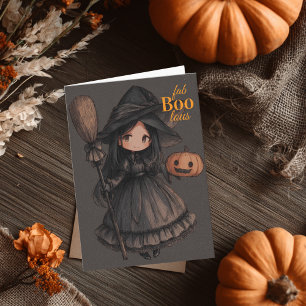 Tarjeta Niña bruja linda su escoba y calabaza Halloween pa