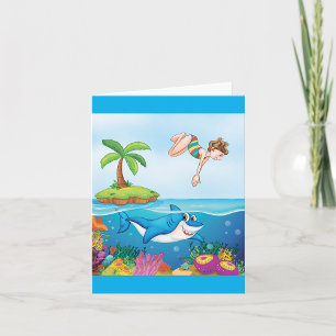 Tarjeta Niña buceando en el arrecife de coral de tiburón a