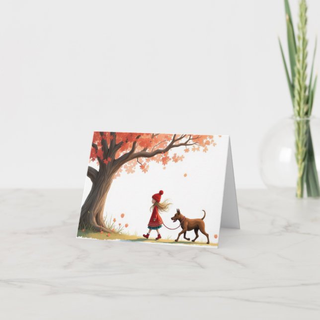 Tarjeta Niña Caminando Su Perro Grande (Anverso)